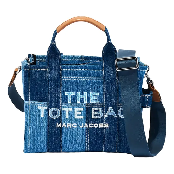 Bolsa Marc Jacobs Denim Tote Mini H016m06fa21 Acabado De Los Herrajes Níquel Color Azul Correa De Hombro Azul Diseño De La Tela Patchwork