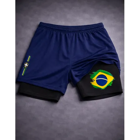 Bermuda Compressão 2 Em 1- Brasil 02  Masculina Dry Fit Com  Azul M
