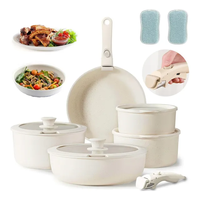 Welikera bateria de cocina 13 piezas de cerámica antiadherente con mango desmontable utensilios de cocina de inducción para autocaravana aptos para horno y lavavajillas color blanco