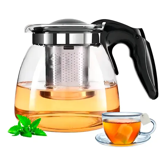 Tetera de vidrio con infusor de té y café, 1000 ml, acero inoxidable, color negro