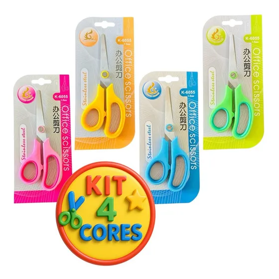 Kit 4 Tesouras Escolar Infantil Sem Ponta Redonda Colorida 