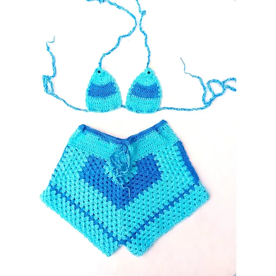 Conjunto Biquíni Shortinho Crochê Linhas Meninas Azul-celeste 8