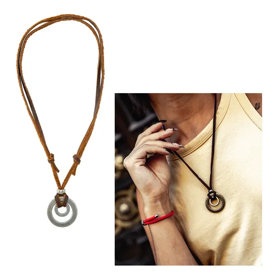 Collar Mujer Hombre Colgante Cadena Cuero Doble Aro