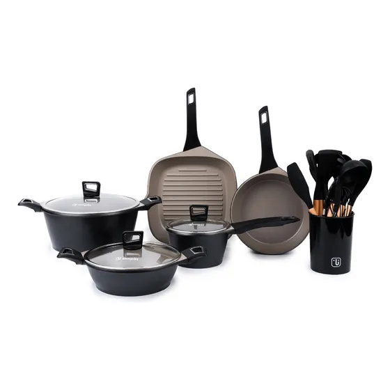 Kit Batería Cocina 8 Pza + Set 12 Utensilios Simplit Color Negro