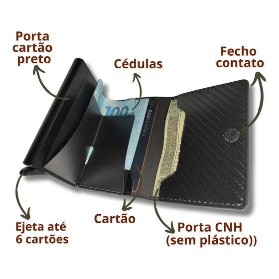 Carteira Masculina Atemporal Discreta Homem C/ Personalidade Cor Fibra Black Chaveiro Desenho Do Tecido Lisa