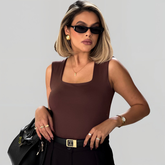 Blusa Regata Feminino Decote Quadrado Alça Grossa Casual