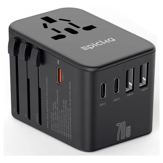 Epicka Adaptador de Viaje Universal Adaptador de Enchufe Internacional Gan Con 3 Usbc Carga Rápida Pd 70w y 2 Usba Cargador de Pared Todo en uno Para Usa Ue Reino Unido Aus Negro 127V