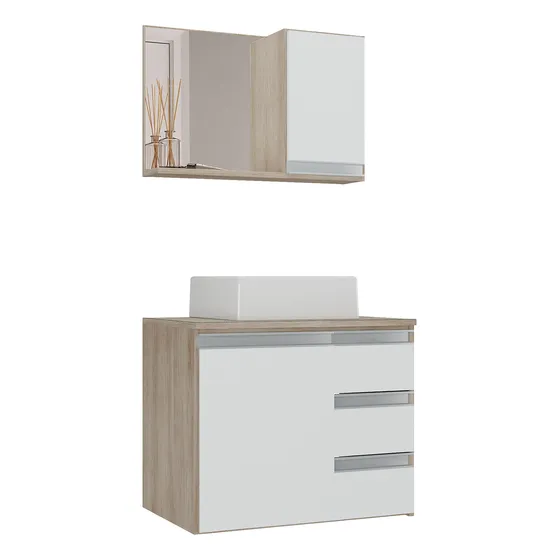 Conjunto Gabinete Banheiro Prisma 60cm Com Tampo Vidro