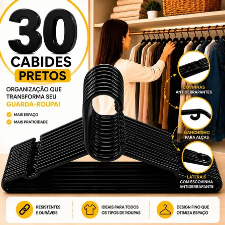 Cabides Adulto Preto Reforçado 30 Atacado Organizador Roupas Preto