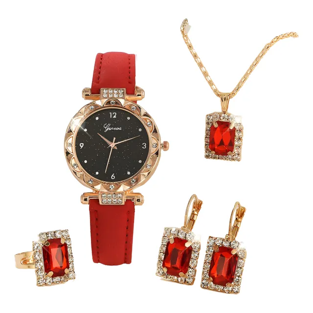 Conjunto Reloj Lujoso + Collar, Aretes, Anillo Diamantes