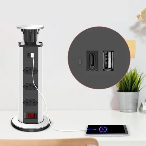 Torre De Tomada Multiplug Para Embutir Mesa Granito Retrátil Cor Prata