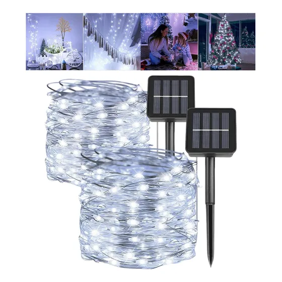 Luces Navideñas Carga Panel Solar Decorativa Decoración Navideña 2 Rollos De 10 Metros C/u 100 Leds Color De La Luz Blanco Frío Marca Dosyu
