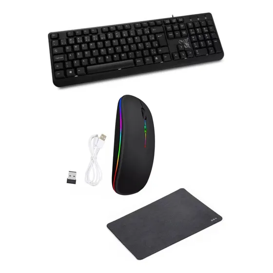 Kit Teclado C/fio - Mouse Rgb S/fio E Mouse Pad Grátis