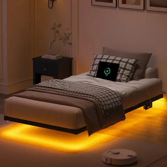 Base De Cama Flotante Individual Con Luces Led+usb+tomas