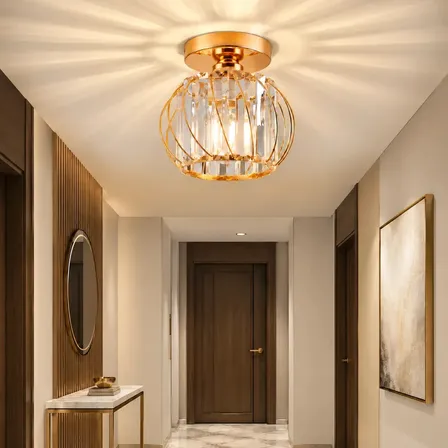 Luminária de Teto Plafon Sobrepor Moderna Dourada, Lustre de Teto Cristal Acrílico E27, Compatível LED, Bivolt , Sem Lâmpada para Corredor Hall Entrada Quarto Sala de Estar, Tieesa