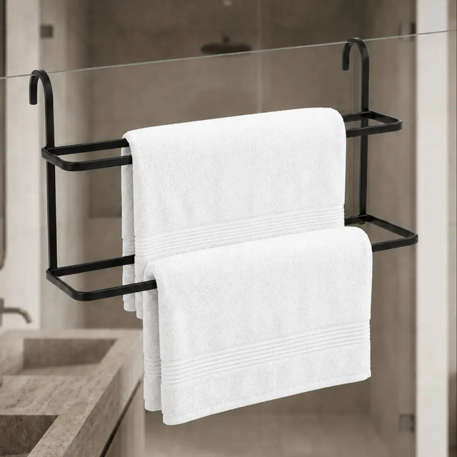 Porta 2 Toalhas Duplo Suporte Encaixe Box Banheiro Preto Toalheiro Preto 45cm Sólar