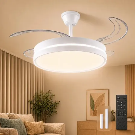 Ventilador de Teto Com Luz LED, Ventilador de Teto Retrátil 42", Luminária de Teto Brilho Ajustável 60W, Seis Velocidades Ajustáveis, Controle Remoto, Adequado para Quartos e Salas de Estar