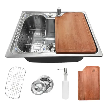 Cuba Pia Gourmet Cozinha Premium Completa Aço Inox Escovado 50x40cm Tábua de Corte Madeira Teca Carnes Legumes Churrasco Área Gourmet Cesto Dispenser Embutir Sobrepor Stillus Home