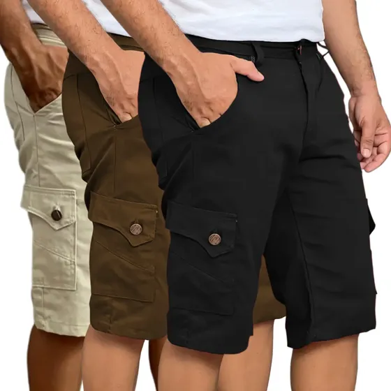 Kit 3 Bermuda Cargo Brim 6 Bolsos Sarja Social Masculino
