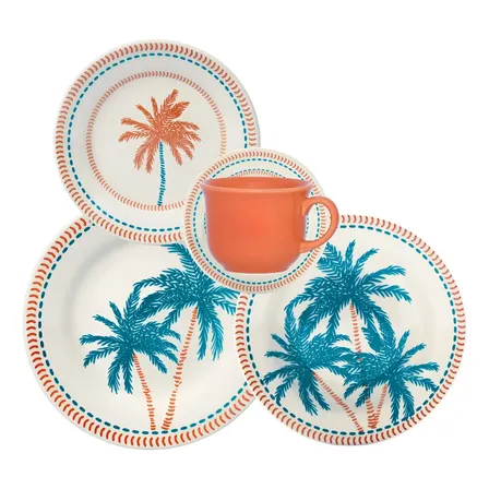 Aparelho De Jantar 30 Peças Biona Donna Caribe Cerâmica Branco Laranja E Azul