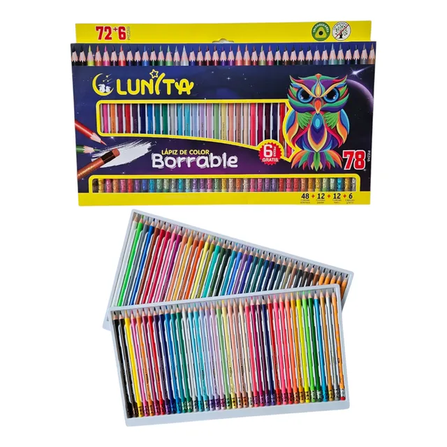 Lapices De Colores Borrables Lunita 72 Colores + 6 Grafito