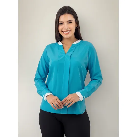 Blusa M/l Amor Seda Strech Color Entero Turquesa