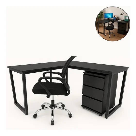 Mesa Em L Com Pé De Pinus + Gaveteiro + Cadeira P/escritório
