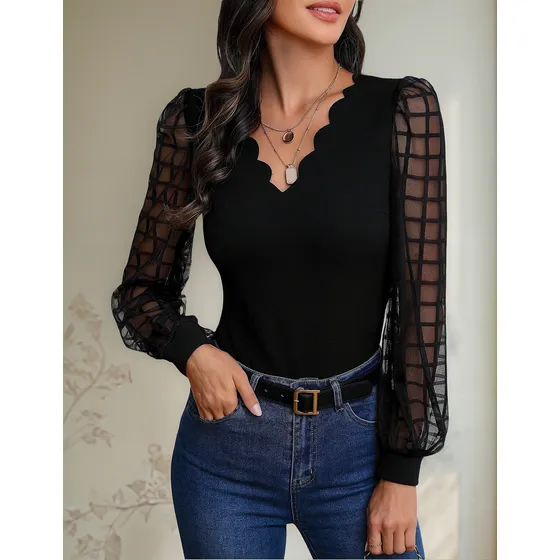 Camisa De Malla Transparente Con Mangas Bombachas Y Ribetes