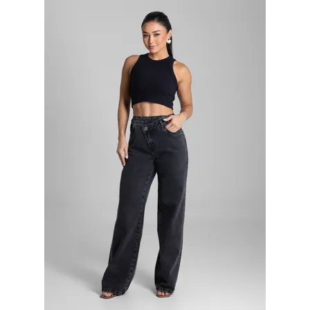 Jeans Sawary Feminino Preto Algodão Wide Leg 281665 Preto Liso 36