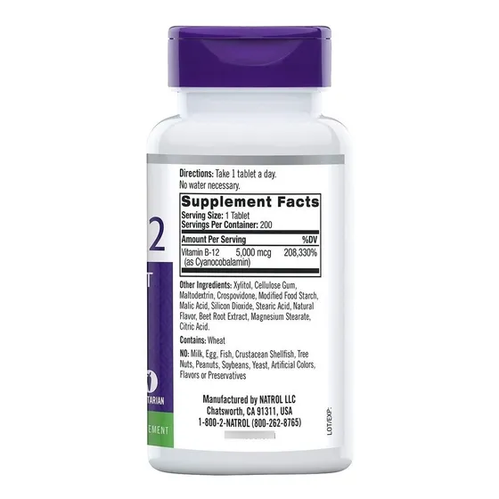 Vitamina B12 5000mcg, 200 Tabletas Sublinguales, Sabor Fresa
