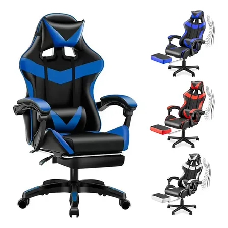 Cadeira Escritório Gamer Ergonômica Reclinável Giratoria Preto/azul Couro Sintético
