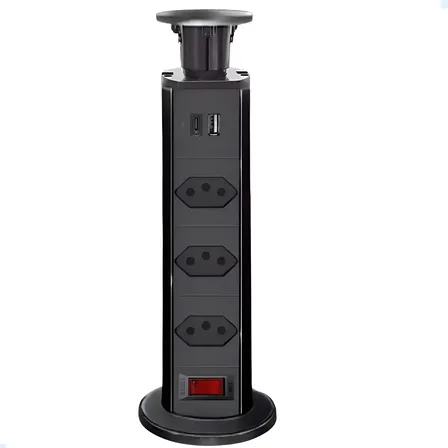 Torre de Tomada Retrátil B-Max Multiplug 3 Tomadas USB Tipo-C Preto
