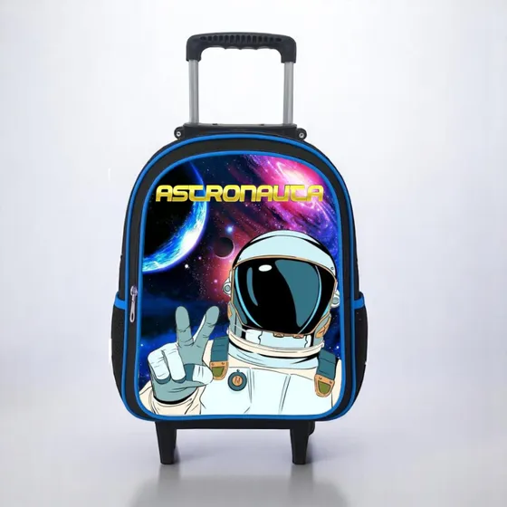 Mochila escolar RDM Rodinha cor azul design astronauta 25L