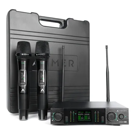 Microfone Sem Fio Duplo Armer Ax802m G2 Profissional Digital Preto Com Bateria Recarregável Para Shows, Igrejas, Eventos, Palestras E Karaokê, Som Claro, Alta Performance E Praticidade Profissional.