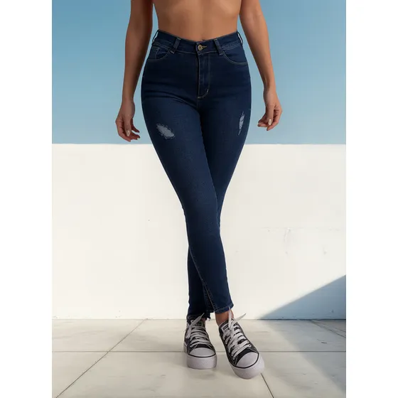 Pantalon Jean Chupin Tiro Alto Elastizado Roturas Mujer