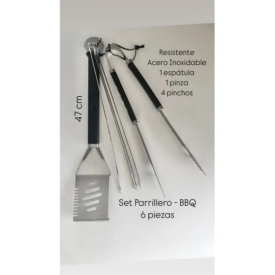 Set Parrillero Acer Inox Pinza Espatula Pinchos Nuevo