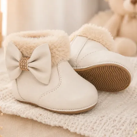Botinha Bebê Menina Fofinha Laço Passeio Elegante Delicada Bege 18 Liso