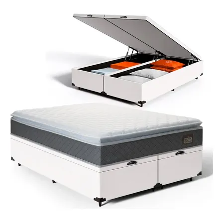 Cama Box Baú King + Colchão De Espuma D45 Com Pillow Top Cinza