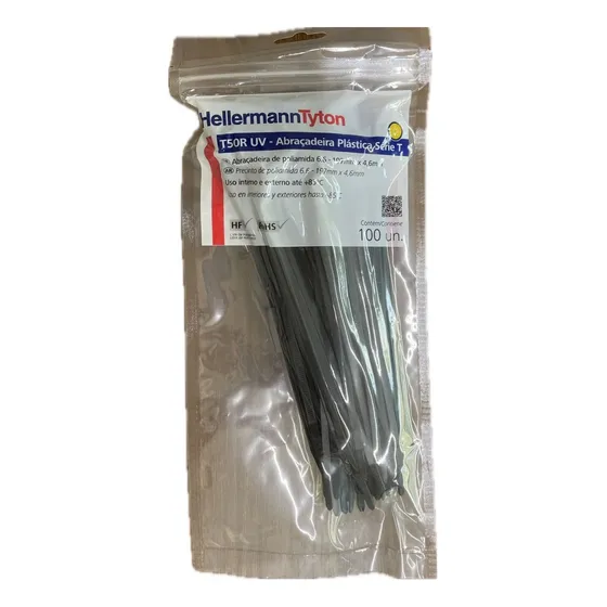 Abraçadeira T50r Pt 200 X 4,6 Mm de Nylon HellermannTyton Proteção Uv - Pacote C/ 100 Peças