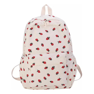 Mochila De Pana Y Fresa, Bonita Mochila Estética Para Mujer, Mochila De Viaje Grande Con Múltiples Bolsillos Mochila De Pana Y Fresa, Bonita Mochila Estética Para Mujer, Mochila De Viaje Grande Con Múltiples Bolsillos