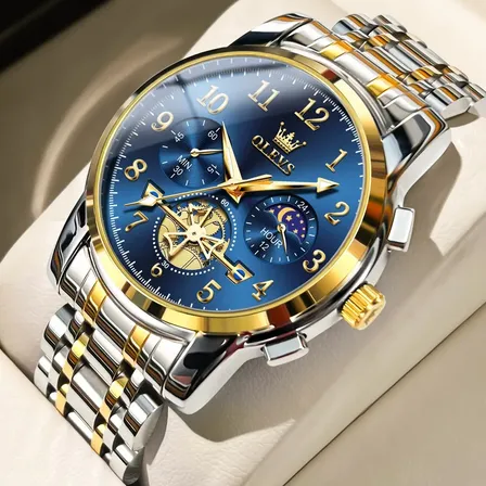 Olevs Relógio Masculino Aços Inoxidáveis Original 2900 Prateado Dourado Azul