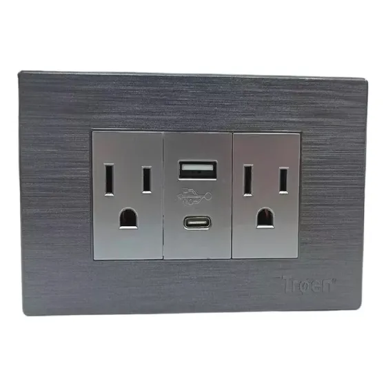 Toma Corriente Doble Con Puerto Usb + Tipo C Gris Troen