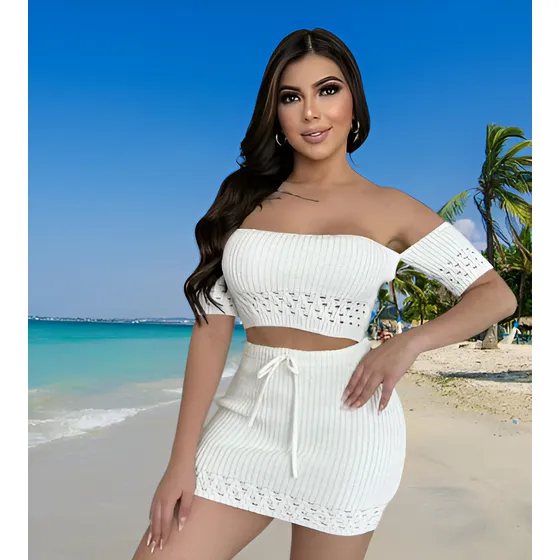 Conjunto Juvenil Blanco Tejido Top Hombros Libres Falda