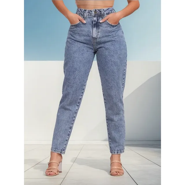 Calça Mom Jeans Feminina Cintura Alta Marmorizada