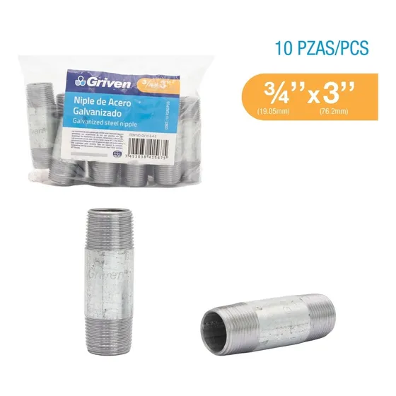 Niple Galvanizado 3/4 X 3 Pulgada Largo Griven (pack X 10)