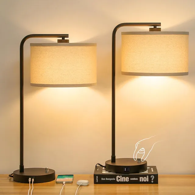 Juego De 2 Lámparas De Mesa Regulables Con Puertos Usb