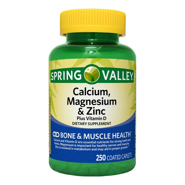 Calcio + Magnesio + Zinc 250 Tabletas Eg C13 de Spring Valley 250 mg Esencial para la formación de hueso Apoya la salud nerviosa, muscular y cardíaca. Sin gluten, sabores artificiales o conservantes.