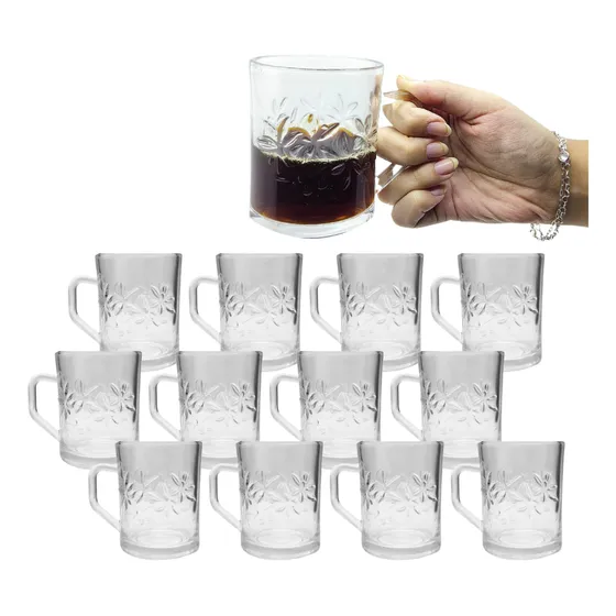 Jogo 12 Xícaras Caneca De Vidro Transparente Com Alça 250ml