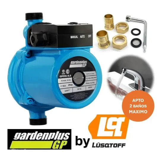 Bomba Agua Presurizadora 2 Baños Marca Garden Plus De Lusqtoff Gps15-8.5 H. Max 8.5 Metros Mejor Presión Calefón Potencia 100w De