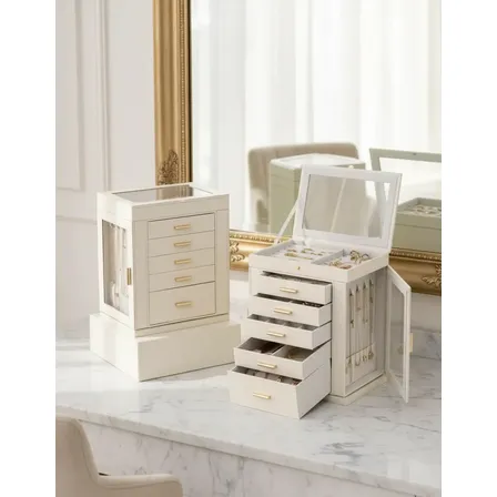 Caixa De Joias Giratória 360° 5 Gavetas Gaveta Kit Joias Branco